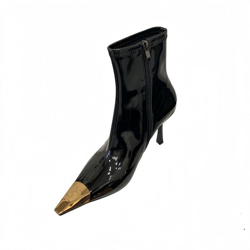 2025 Autumn New Metallic Toe Patent Leather Side Zipper Slim High Heel Short Boots for Women - Image 5