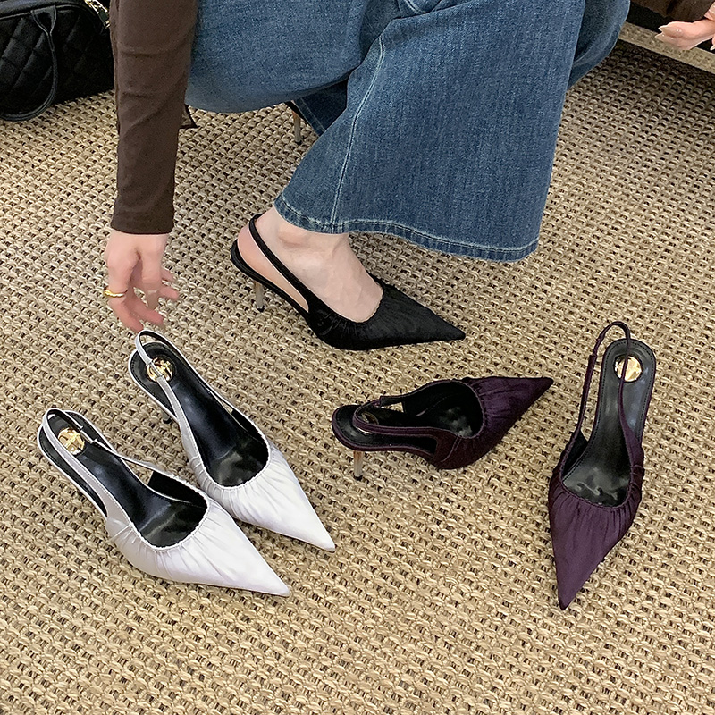 2026 New Women's High Heel Sandals Pleated Pointed Toe Slingback Shoes - Image 2