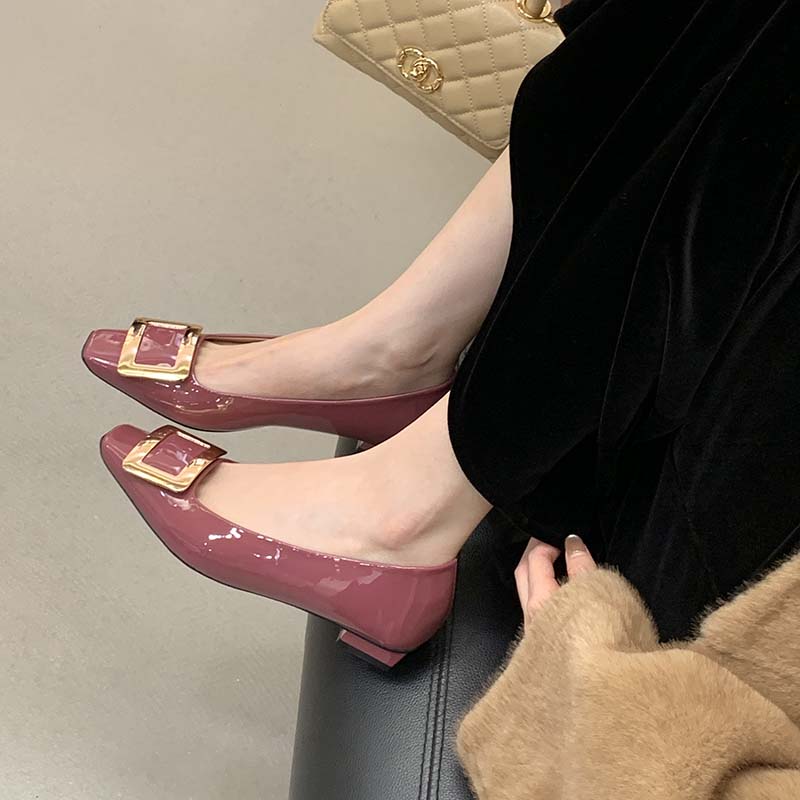 2026 Spring New HMSZ Patent Leather Square Toe Slip-On Loafers for Women, Low Heel Chunky Heel, Commuter Shoes
