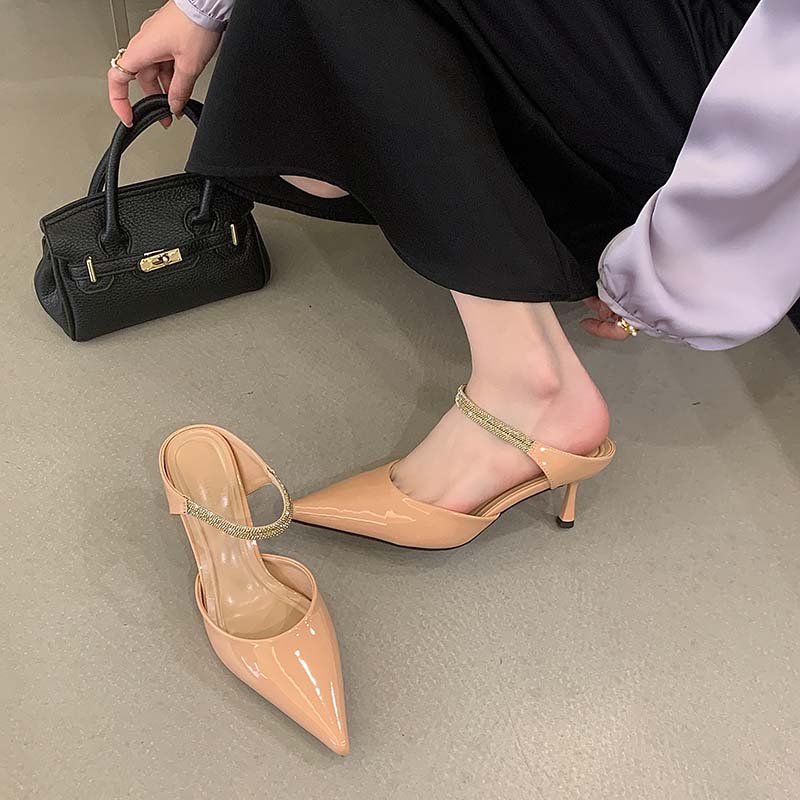 2026 Spring New Two-Way High Heel Sandals Slippers Women Soft Nude Patent Leather Thin Heel Shallow Mouth Rhinestone One-Band