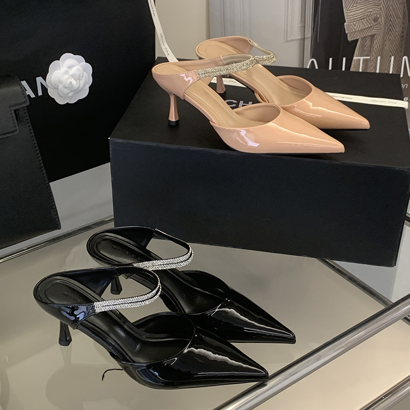 2026 Spring New Two-Way High Heel Sandals Slippers Women Soft Nude Patent Leather Thin Heel Shallow Mouth Rhinestone One-Band - Image 3