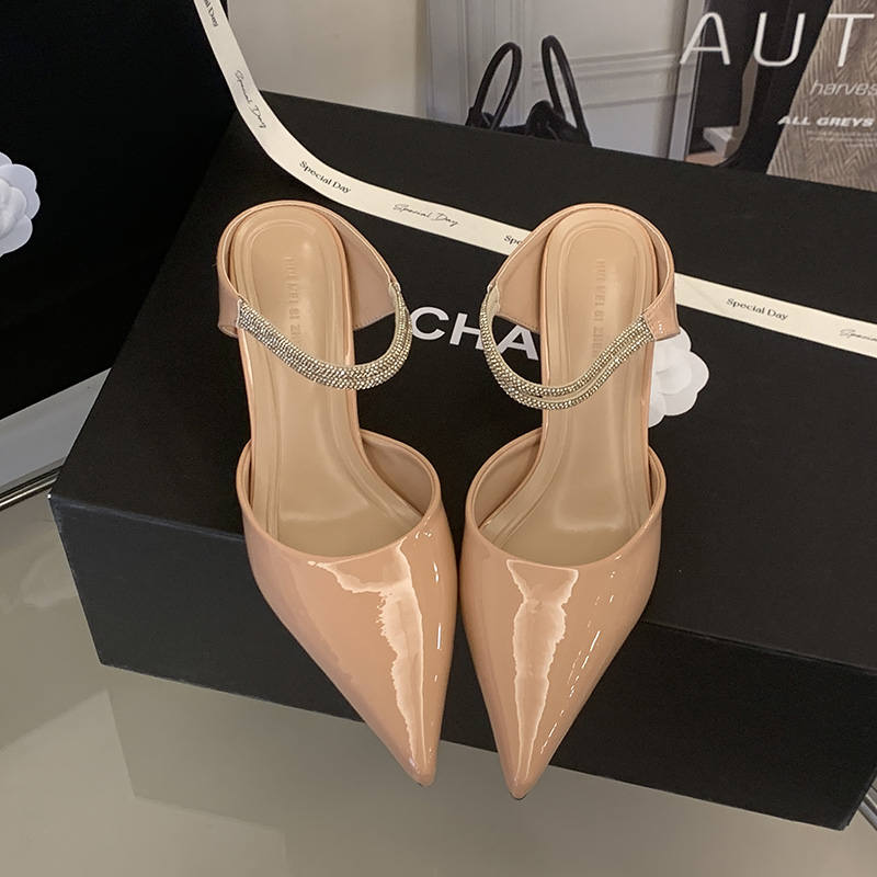 2026 Spring New Two-Way High Heel Sandals Slippers Women Soft Nude Patent Leather Thin Heel Shallow Mouth Rhinestone One-Band - Image 4