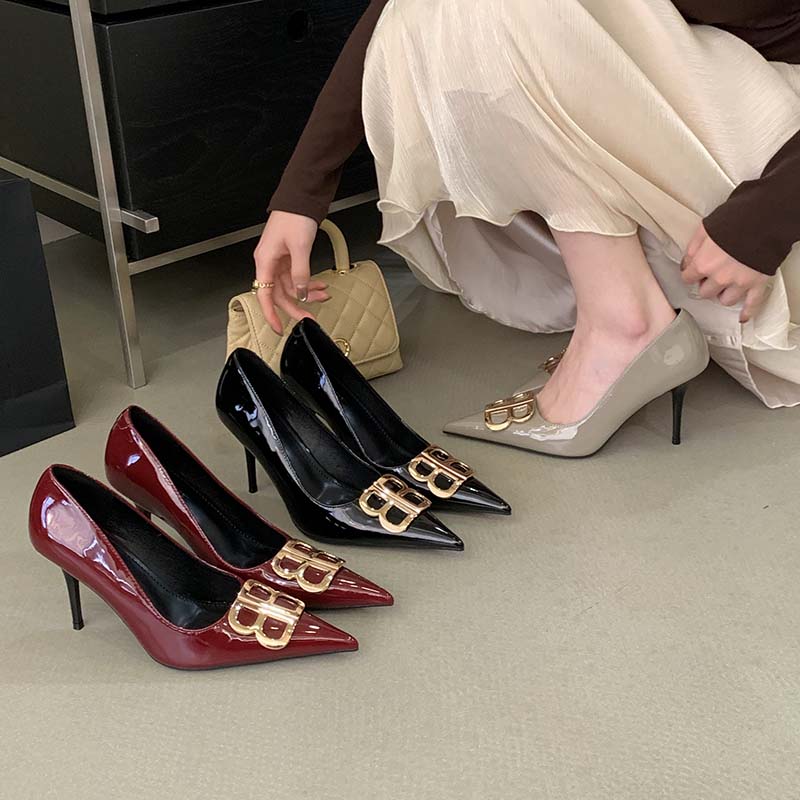 Black High Heels Women 2026 New Style Elegant Celebrity Style Sexy French Professional Letter Metal Double B Buckle