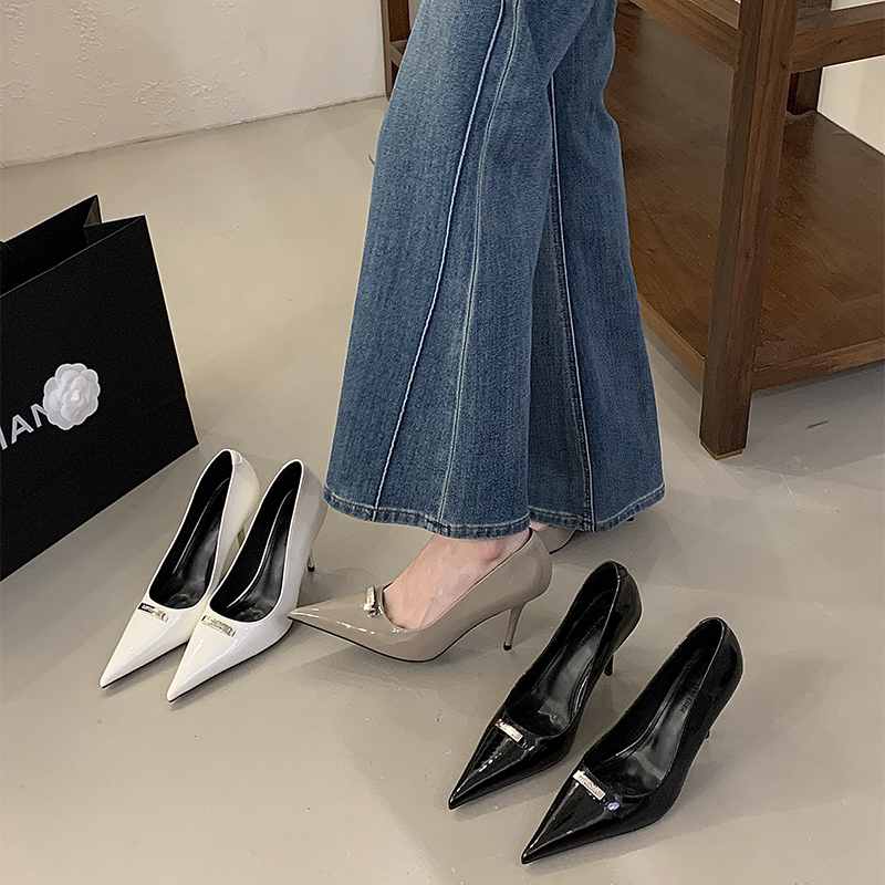 Black High Heels Women 2026 New Style Elegant French Professional Letter Metal Buckle Decor