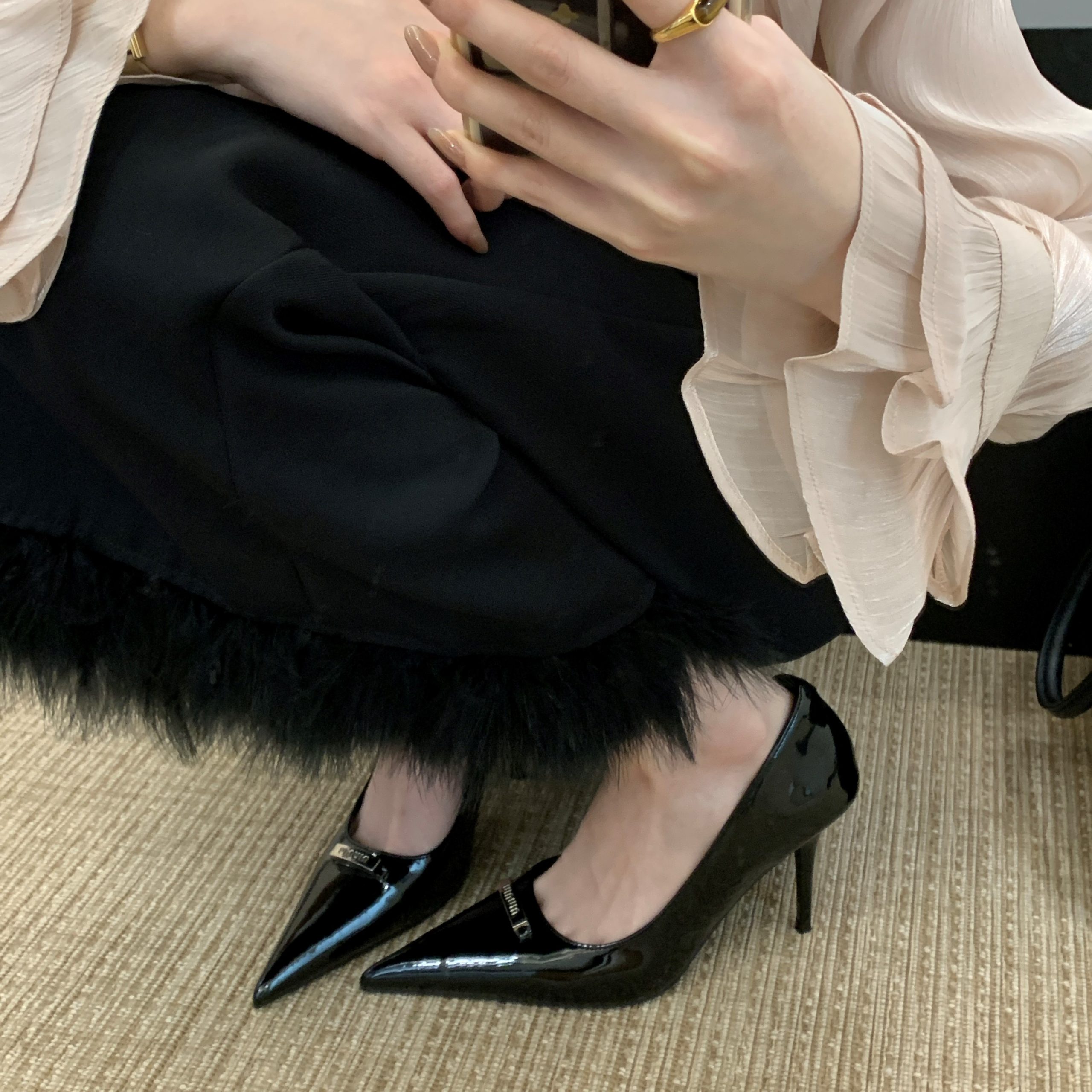 Black High Heels Women 2026 New Style Elegant French Professional Letter Metal Buckle Decor - Image 3