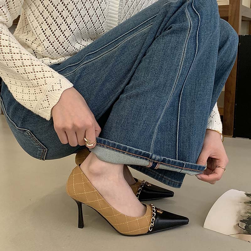 Chanel Style High Heel Shoes 2026 Spring New Pointed Toe Open Back Closed Toe Sandals Black Sexy Thin Heel Women's Shoes