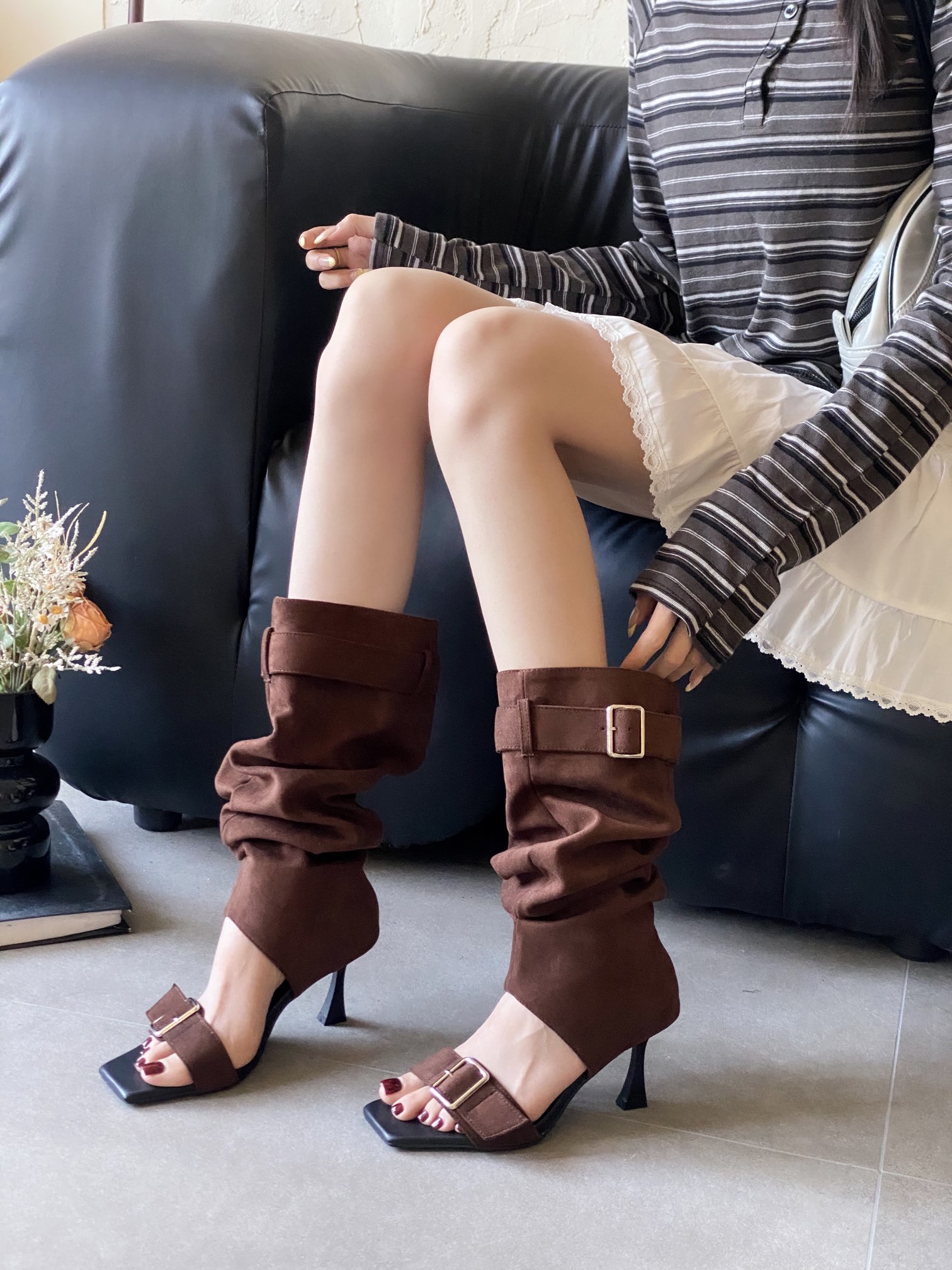 European American Style Square Toe High Heel Ankle Strap Open Toe Sandal Boots - Image 4