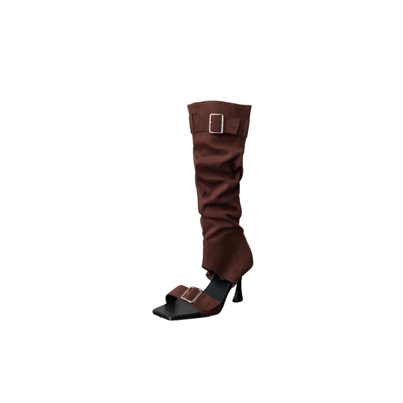 European American Style Square Toe High Heel Ankle Strap Open Toe Sandal Boots - Image 5