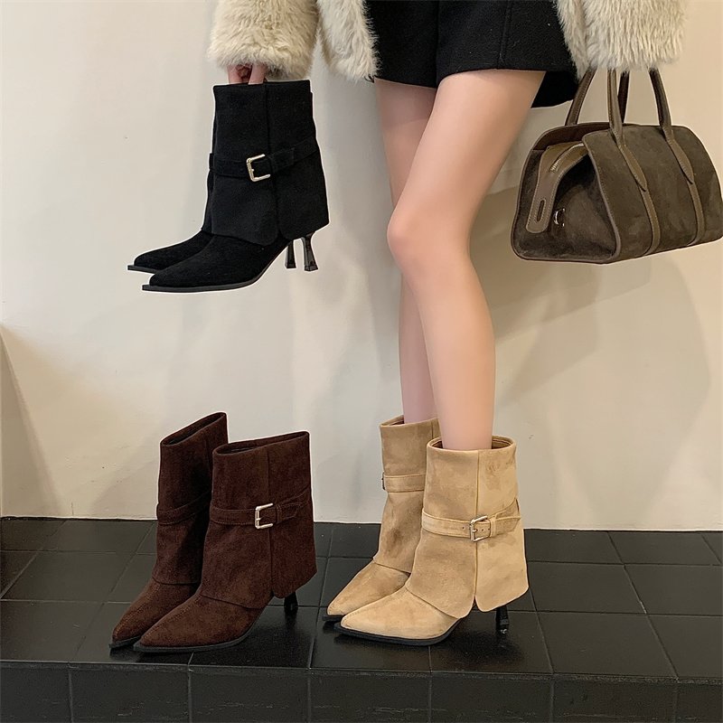 Fashion Suede Ankle Boots with Buckle Strap Pointed Toe High Heel for Women 2025 Autumn Winter