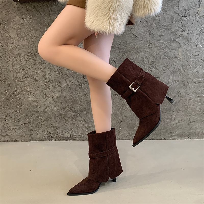 Fashion Suede Ankle Boots with Buckle Strap Pointed Toe High Heel for Women 2025 Autumn Winter - Image 3