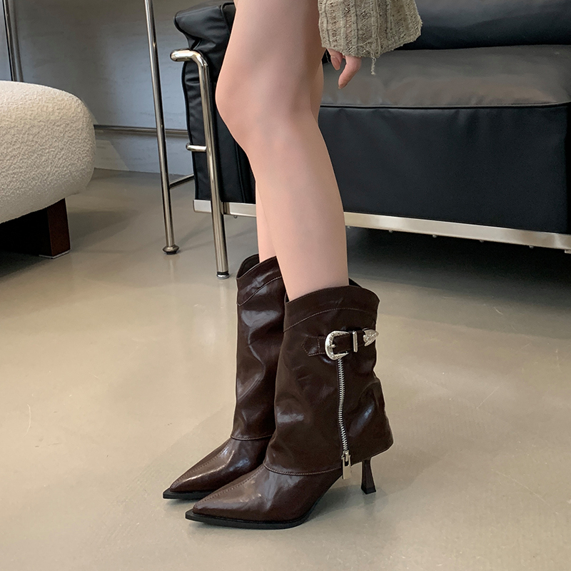 Fortune One Foot European and American Style Niche Design Short Boots Autumn Winter 2025 New Trendy Pointed Toe Thin Heel Mid Calf Trouser Boots - Image 2