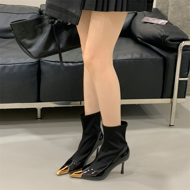 Fortune One Foot Hepburn Style Patent Leather Slim Boots Autumn Winter New Fashion Metal Head Stitching High Heel Short Boots - Image 3