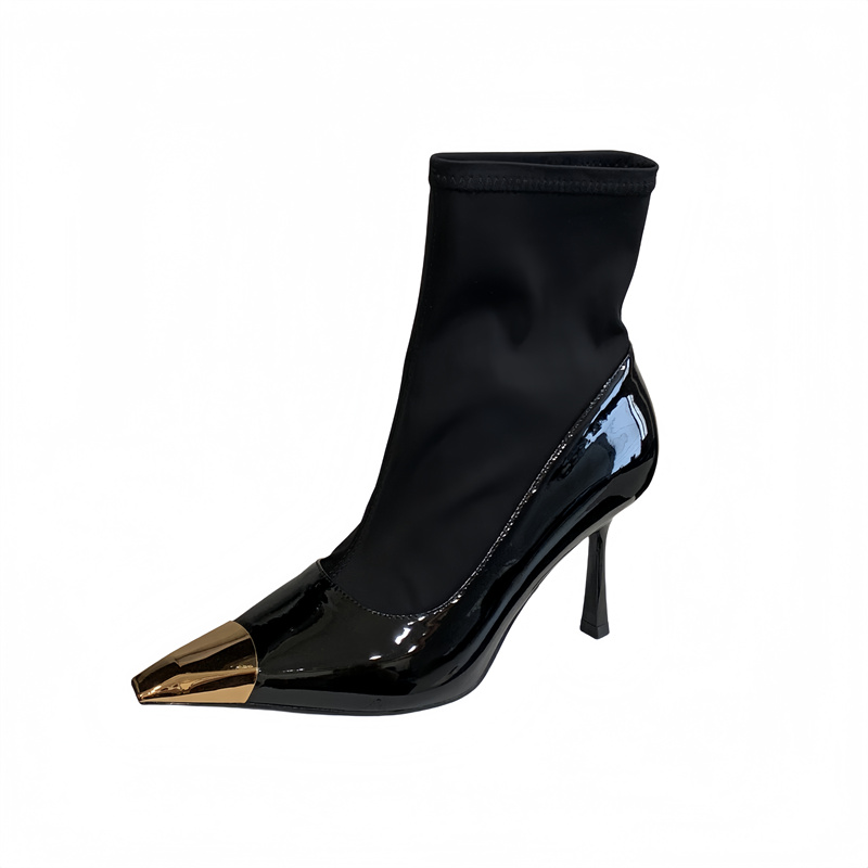 Fortune One Foot Hepburn Style Patent Leather Slim Boots Autumn Winter New Fashion Metal Head Stitching High Heel Short Boots - Image 5
