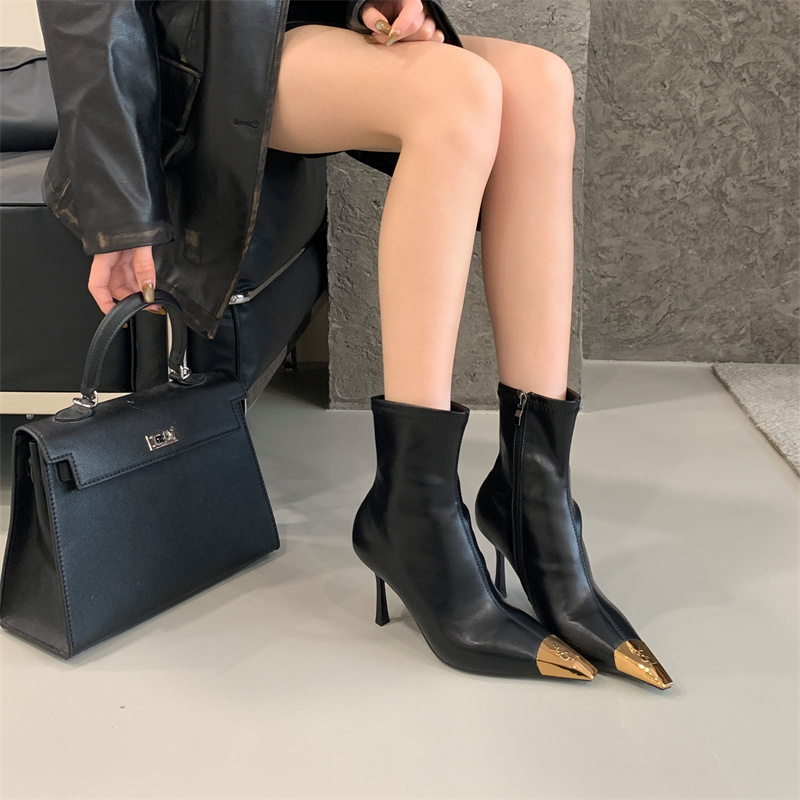 Fortune One Foot Metal Head Color Block Slim Boots French 2025 New High Heel Boots Mid Calf Fashion Short Boots - Image 2