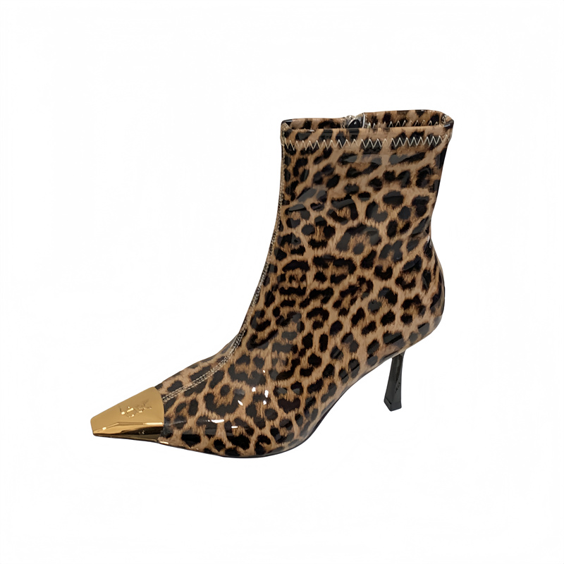 Fortune One Foot Metal Head Color Block Slim Boots French 2025 New High Heel Boots Mid Calf Fashion Short Boots - Image 5