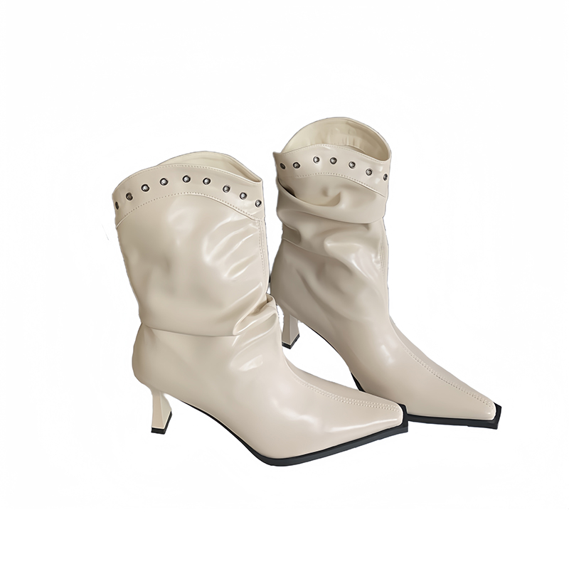 French Style Autumn Winter New High Heel Short Boots Pointed Toe Western Cowboy Boots Rivets Stacked Short Tube Slim Boots - Image 5