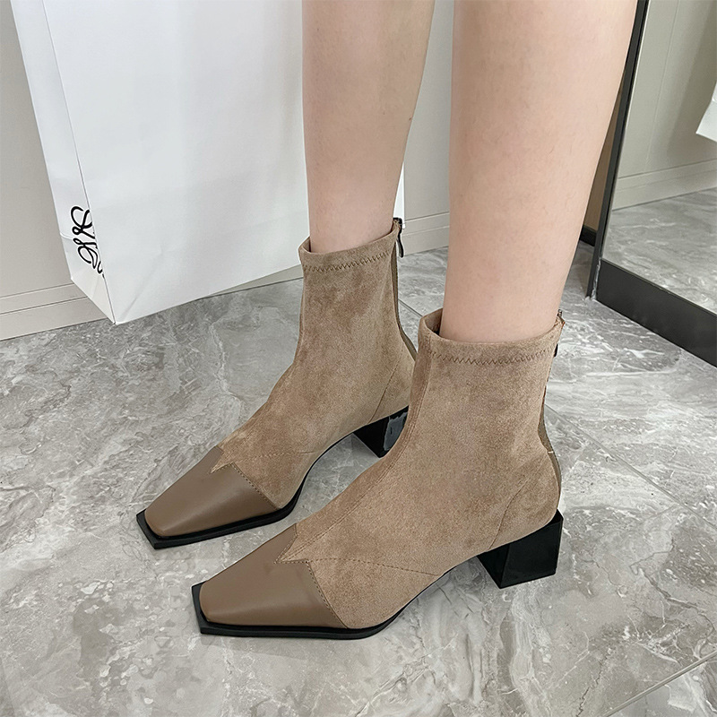Fugui Yizu 2025 New Suede Patchwork Stretch Slim Ankle Boots Square Toe Chunky Heel Back Zipper Short Boots