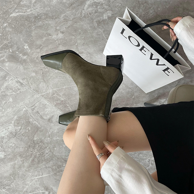 Fugui Yizu 2025 New Suede Patchwork Stretch Slim Ankle Boots Square Toe Chunky Heel Back Zipper Short Boots - Image 2
