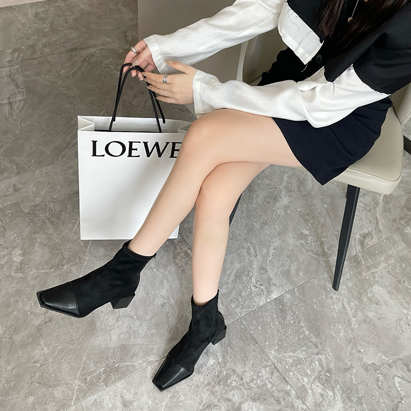 Fugui Yizu 2025 New Suede Patchwork Stretch Slim Ankle Boots Square Toe Chunky Heel Back Zipper Short Boots - Image 4