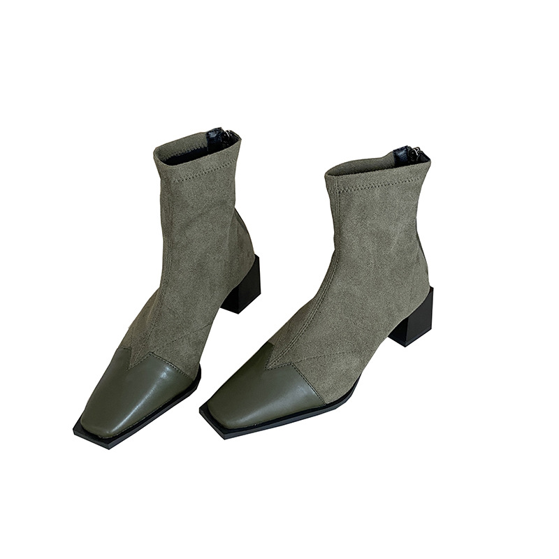 Fugui Yizu 2025 New Suede Patchwork Stretch Slim Ankle Boots Square Toe Chunky Heel Back Zipper Short Boots - Image 5
