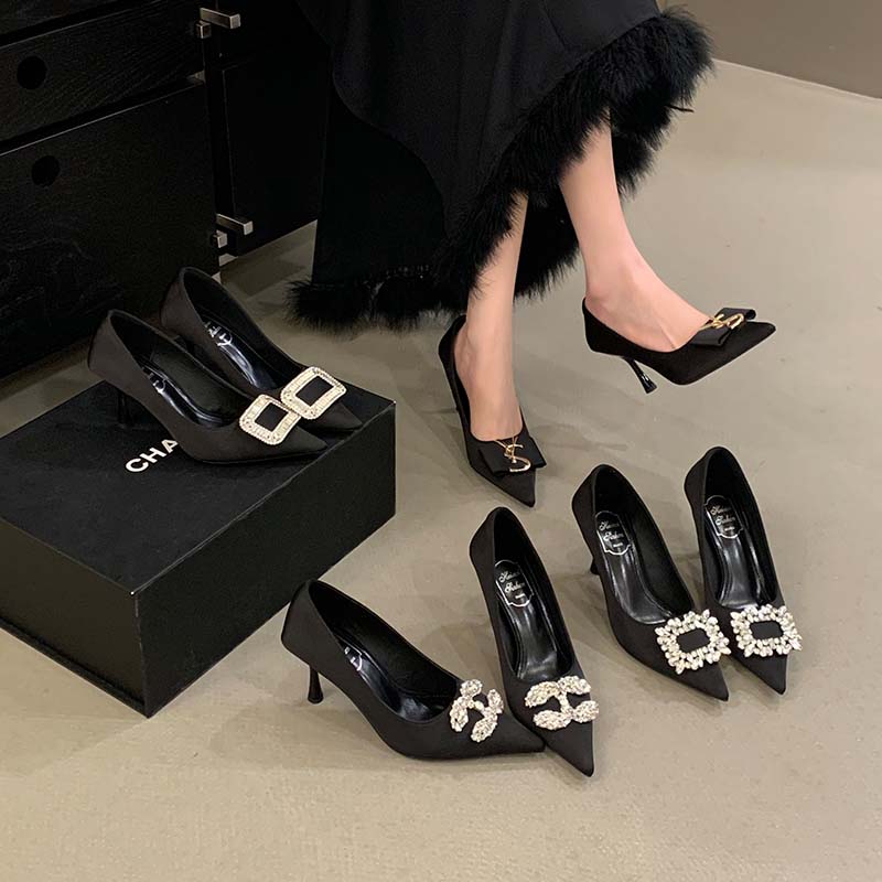 HMSZ French Pointed Toe Rhinestone High Heel Shoes for Women 2026 New Winter Thin Heel Black Office Shoes