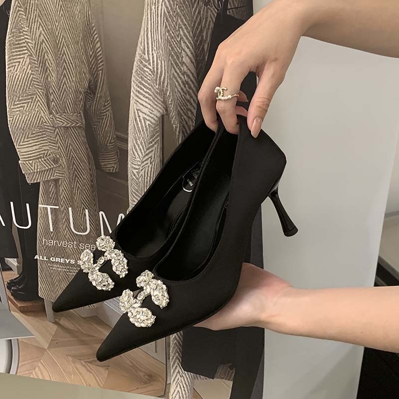 HMSZ French Pointed Toe Rhinestone High Heel Shoes for Women 2026 New Winter Thin Heel Black Office Shoes - Image 3