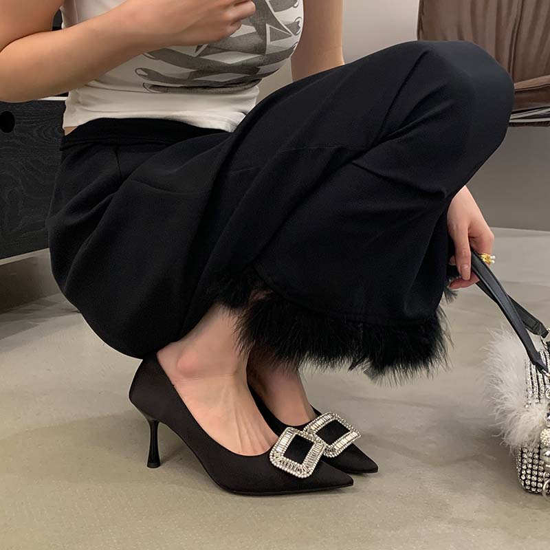 HMSZ French Pointed Toe Rhinestone High Heel Shoes for Women 2026 New Winter Thin Heel Black Office Shoes - Image 4