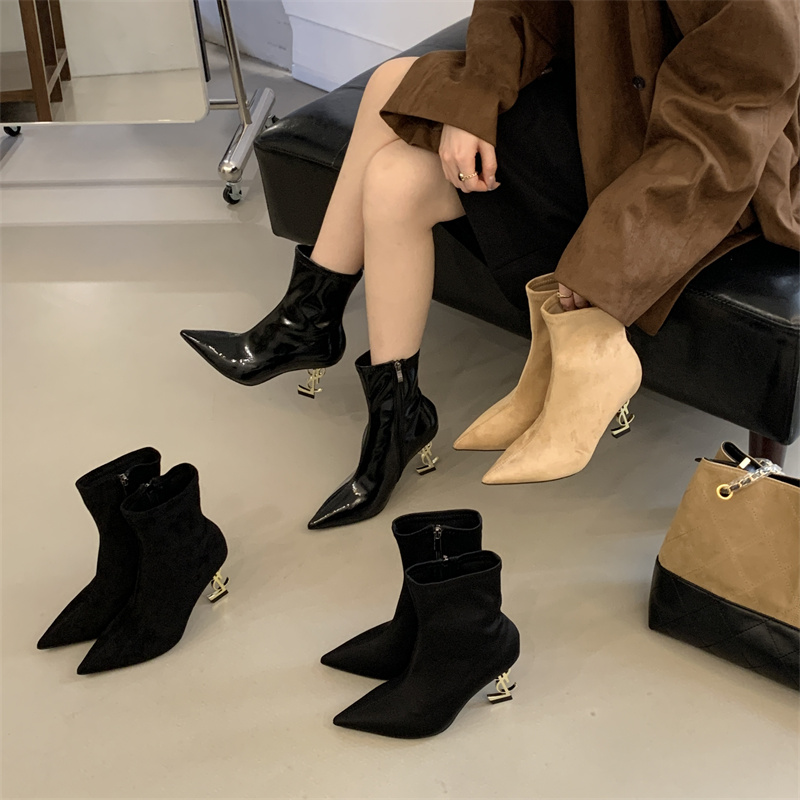 Pointed Toe Slim Fit Boots with Cutout Heel, Side Zipper, High Heel, Women's Fashion Boots, Autumn Winter, Khaki Suede, Black Suede, Patent Leather, Lycra