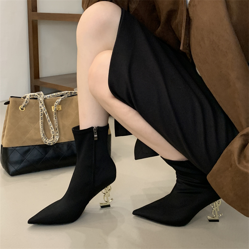 Pointed Toe Slim Fit Boots with Cutout Heel, Side Zipper, High Heel, Women's Fashion Boots, Autumn Winter, Khaki Suede, Black Suede, Patent Leather, Lycra - Image 2