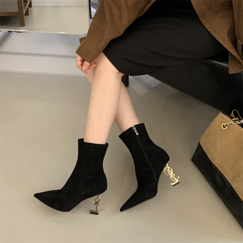 Pointed Toe Slim Fit Boots with Cutout Heel, Side Zipper, High Heel, Women's Fashion Boots, Autumn Winter, Khaki Suede, Black Suede, Patent Leather, Lycra - Image 4