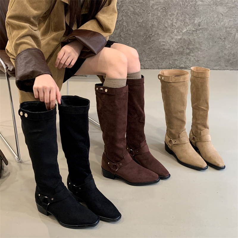 Retro Maillard Cowboy Boots with Buckle Chunky Heel High Boots Autumn Winter 2025 New Knight Long Boots