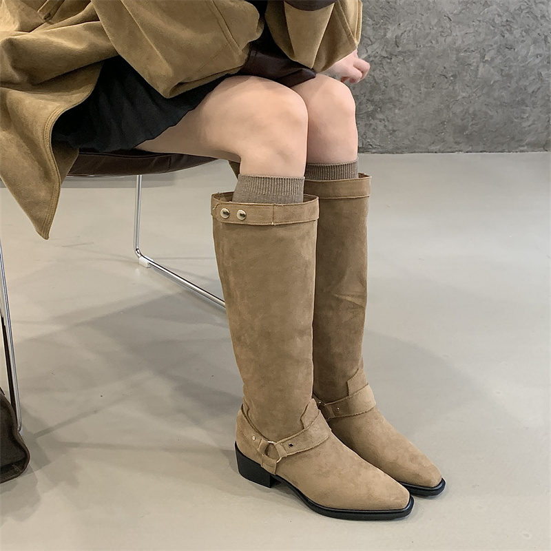 Retro Maillard Cowboy Boots with Buckle Chunky Heel High Boots Autumn Winter 2025 New Knight Long Boots - Image 2