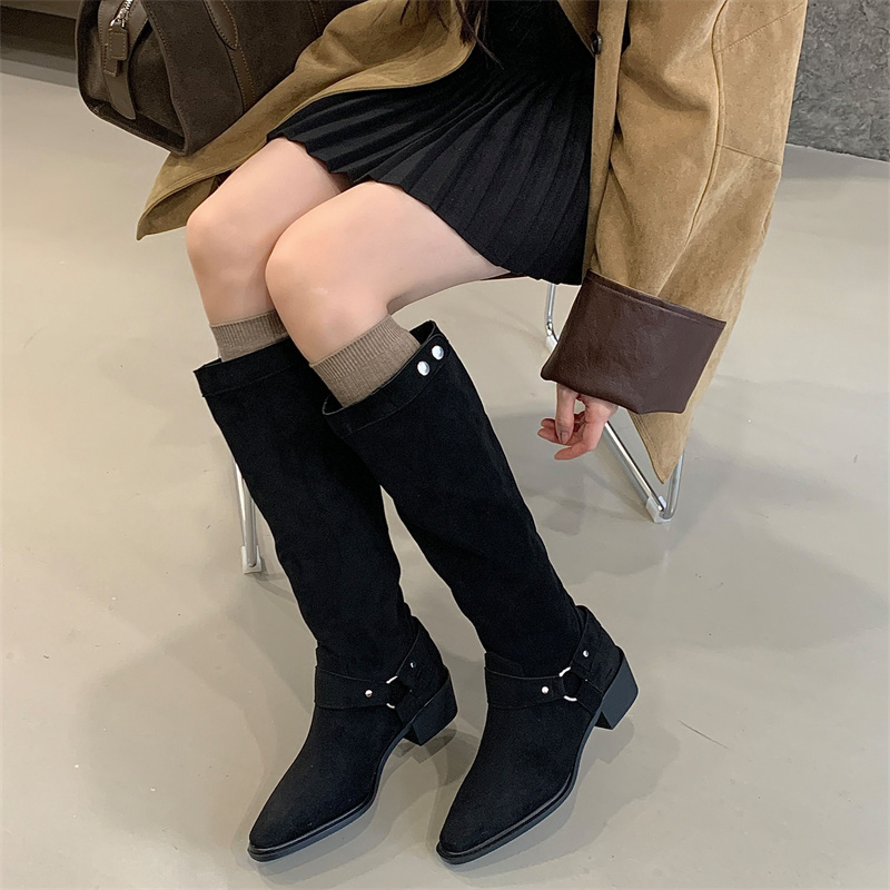 Retro Maillard Cowboy Boots with Buckle Chunky Heel High Boots Autumn Winter 2025 New Knight Long Boots - Image 3