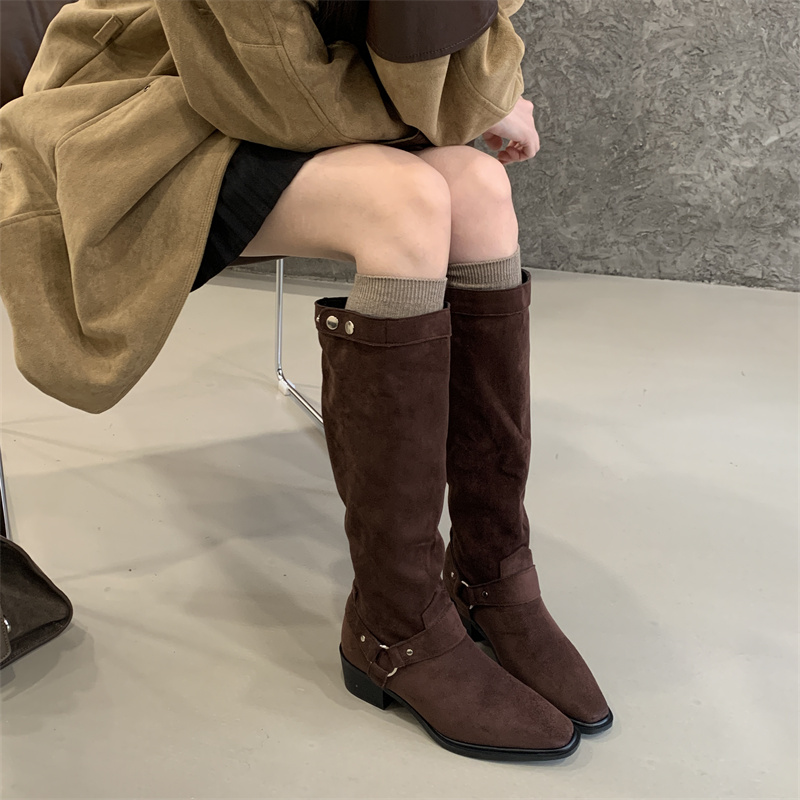 Retro Maillard Cowboy Boots with Buckle Chunky Heel High Boots Autumn Winter 2025 New Knight Long Boots - Image 4