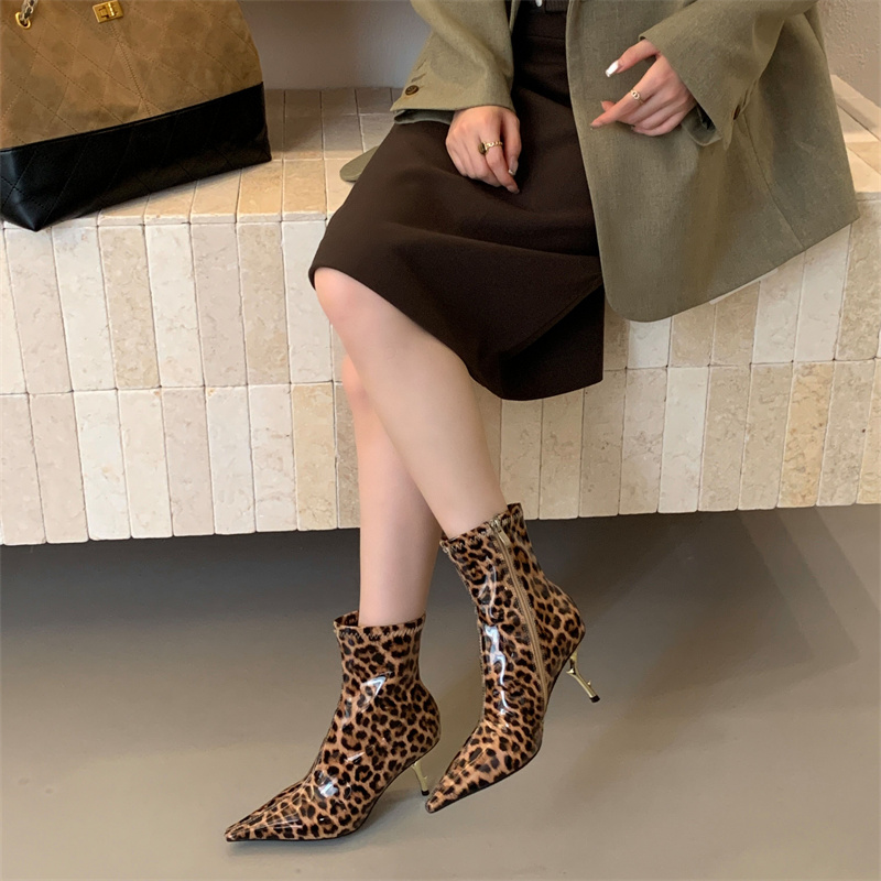 Sexy Leopard High Heel Slim Boots 2025 New Pointed Toe Metal Stiletto Side Zipper Fashion Boots - Image 3