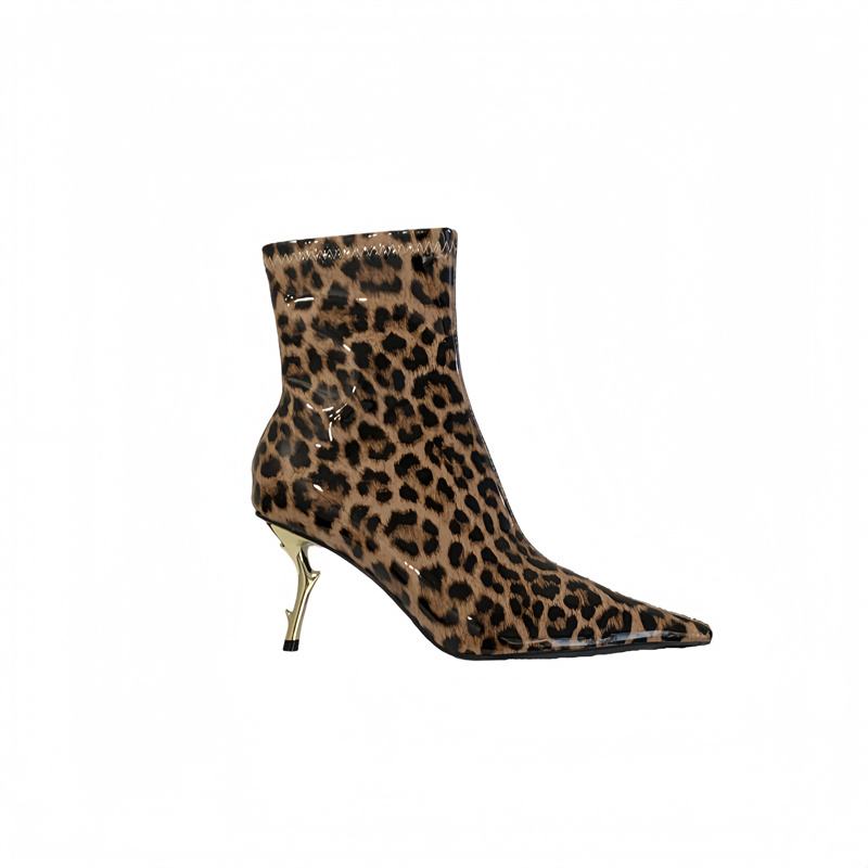 Sexy Leopard High Heel Slim Boots 2025 New Pointed Toe Metal Stiletto Side Zipper Fashion Boots - Image 5